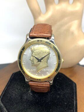 Waltham Men's Watch Vintage Liberty Kennedy USA 1968 Coin Quartz Brown Strap